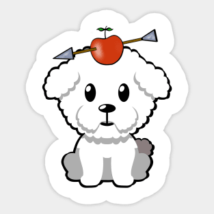 Cute furry dog has an apple and arrow on head Sticker